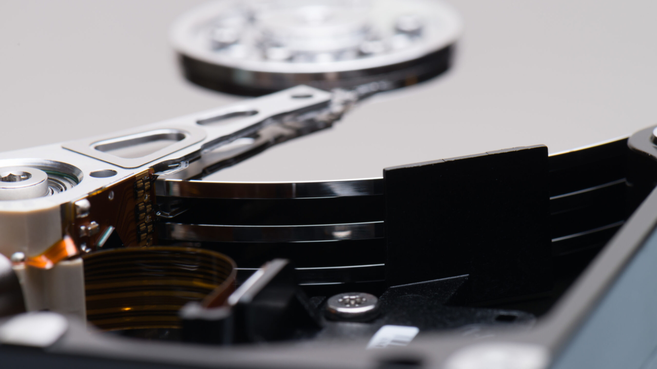 A closeup shot of a hard disc drive. Technology, personal computer material, information storage